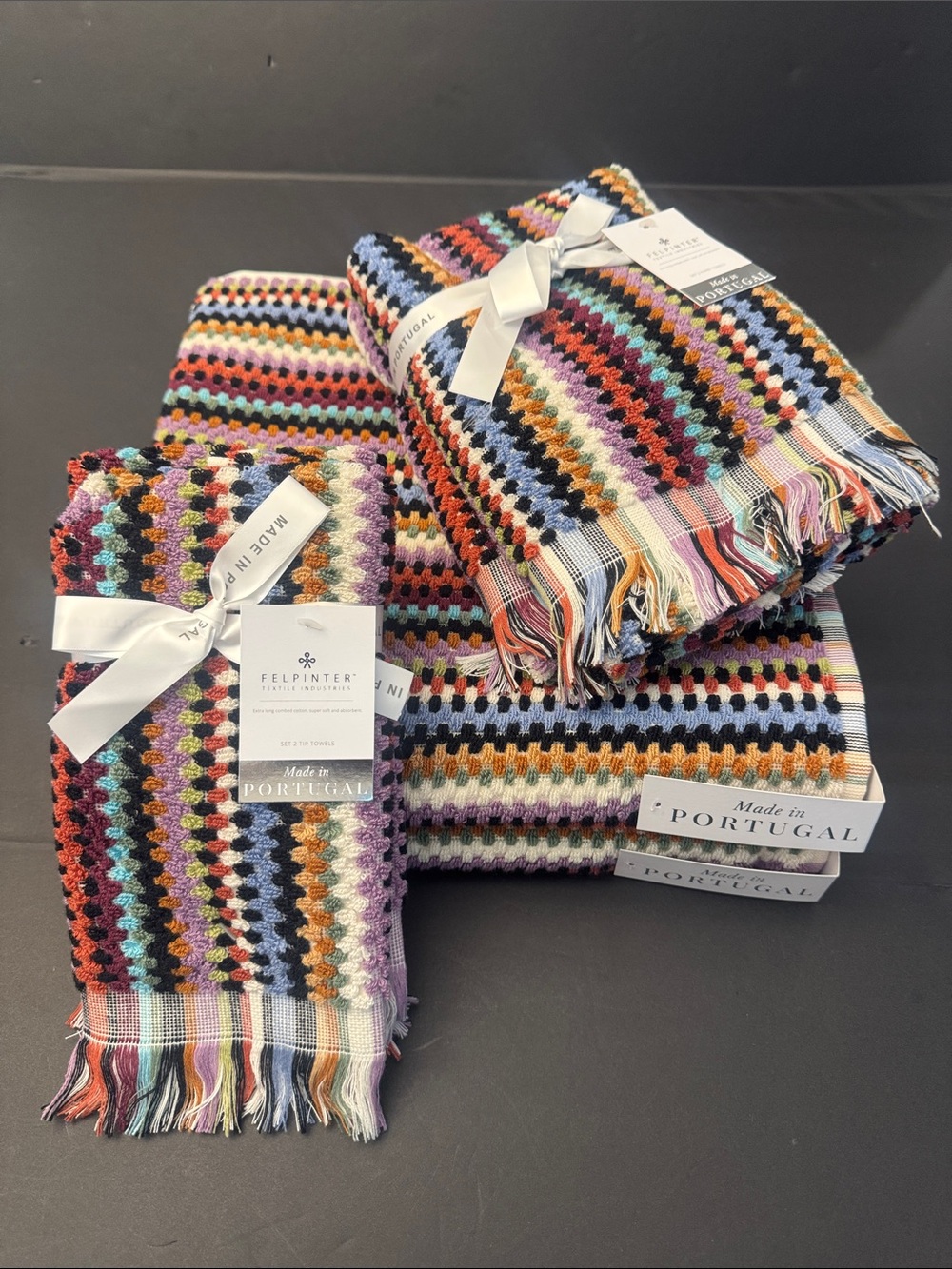 6pc FELPINTER Extra Long Combed Cotton Bath Towel Set -Fringe - Made in Portugal